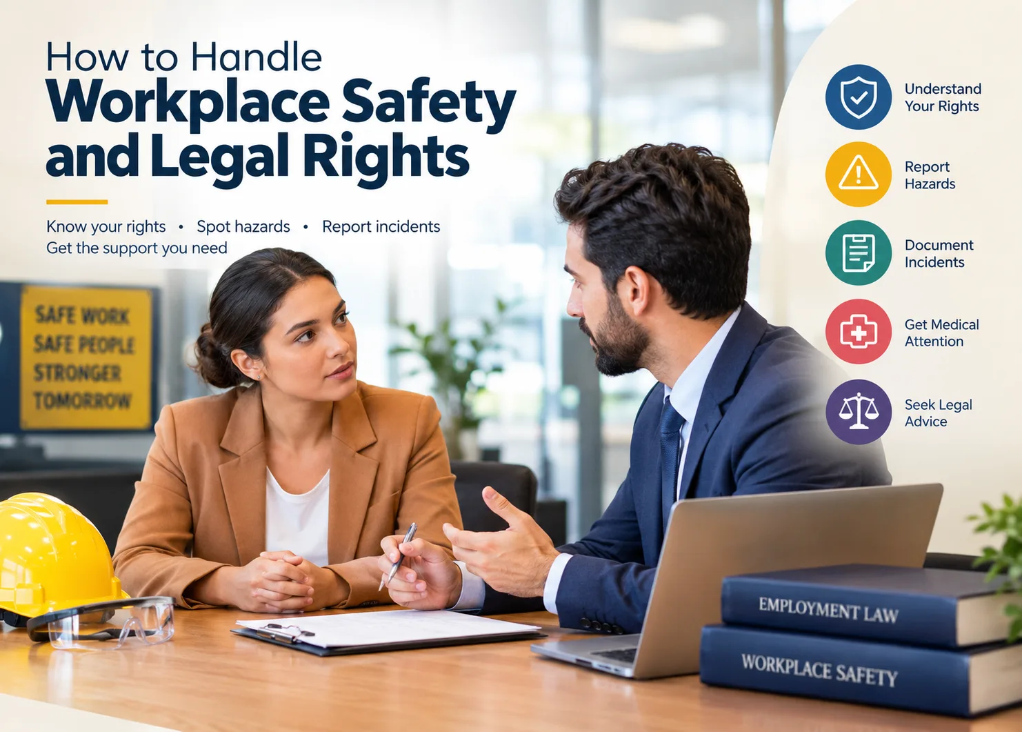 A workplace safety and legal rights banner showing a woman consulting a lawyer in a professional office. A hard hat, employment law books, and safety icons highlight employee rights, hazard reporting, incident documentation, medical attention, and legal advice.